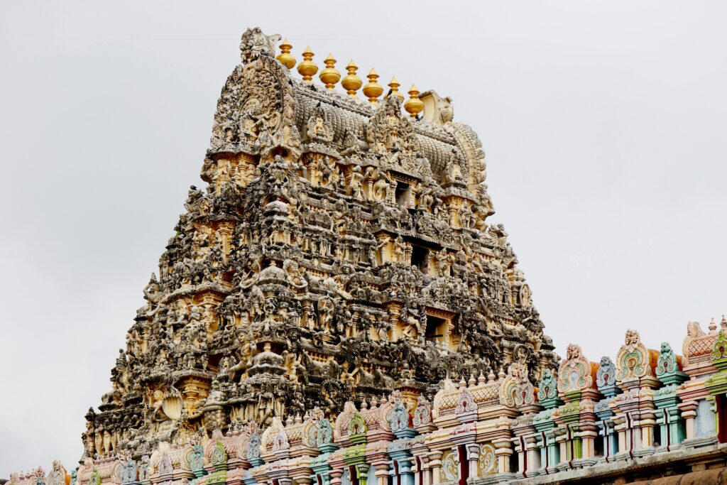 Detailed view of the historic Ekambaranathar Temple with its intricate carvings and sculptures.