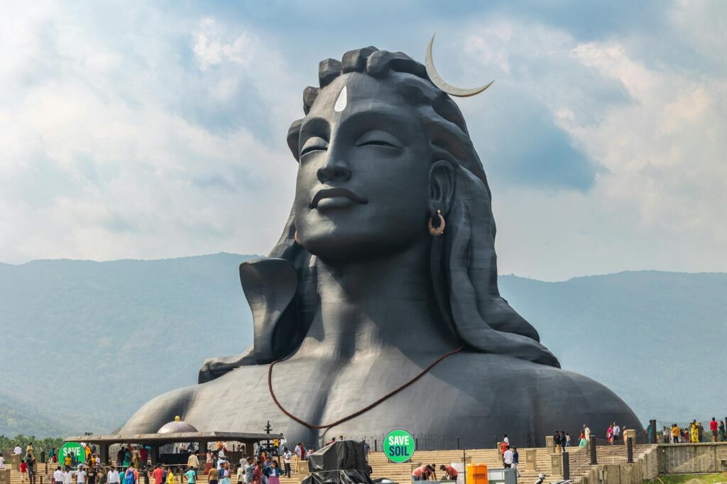 Stunning view of the Adiyogi Shiva statue at the Isha Foundation, highlighting its spiritual significance.